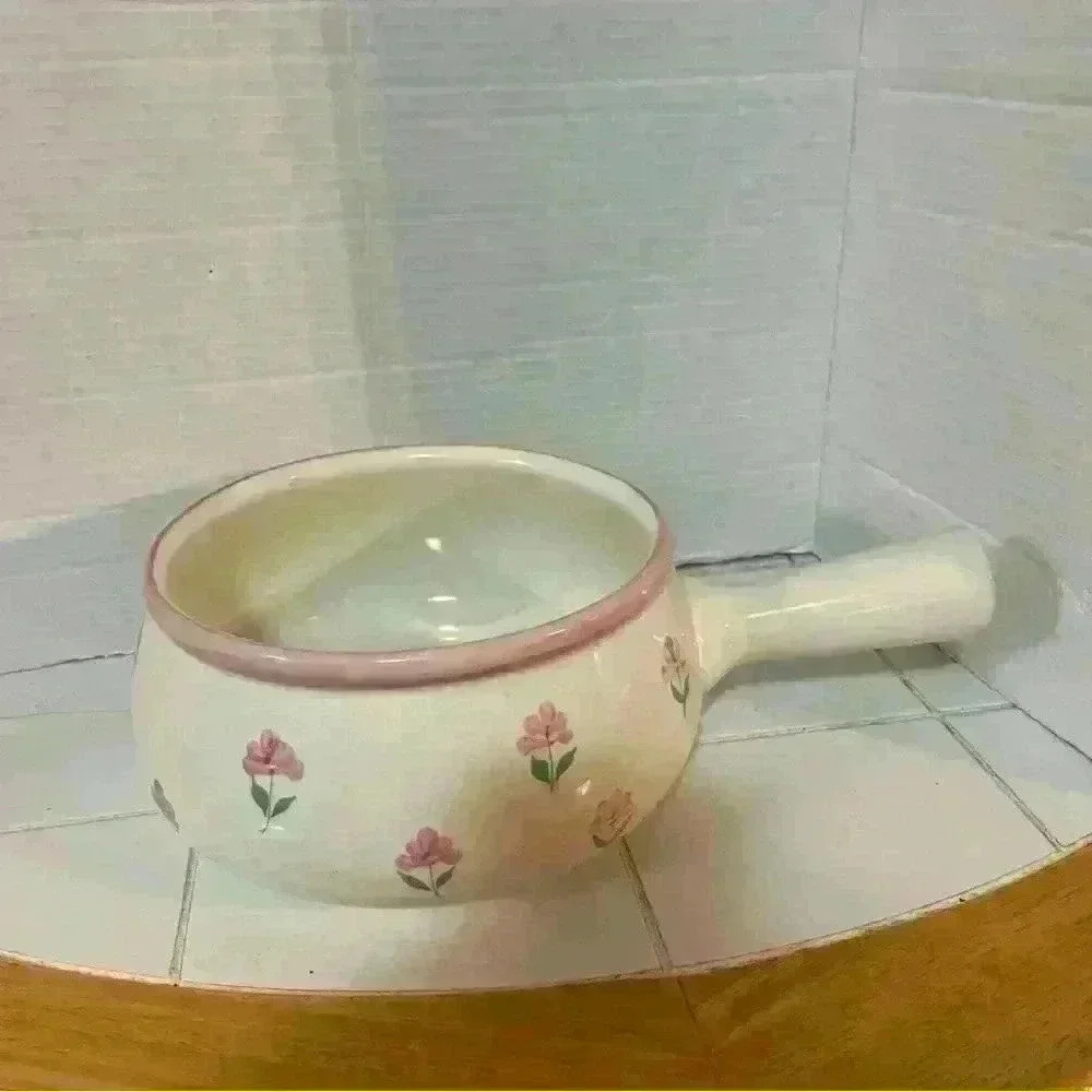 Vintage Portugal Ceramic  Pot w/ Handle Hand Painted Pink Floral
